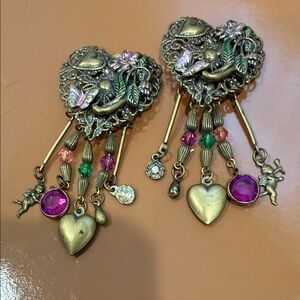 Fab Vintage Banana Bob Heart Dangle Clip-On Earrings with Multicolor Accents